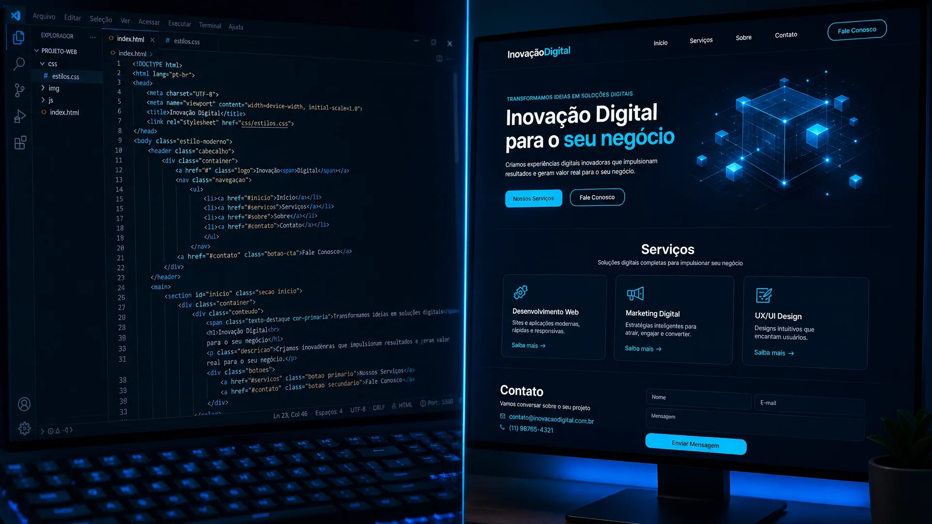 Tela de desenvolvimento web com código e interface do site