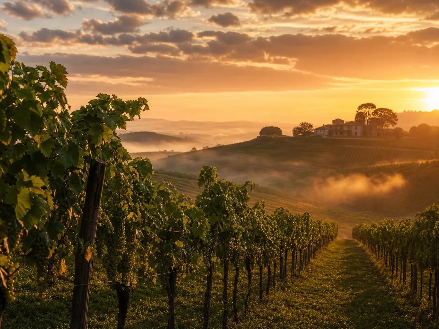 Vinhedo ao amanhecer em cenário rural