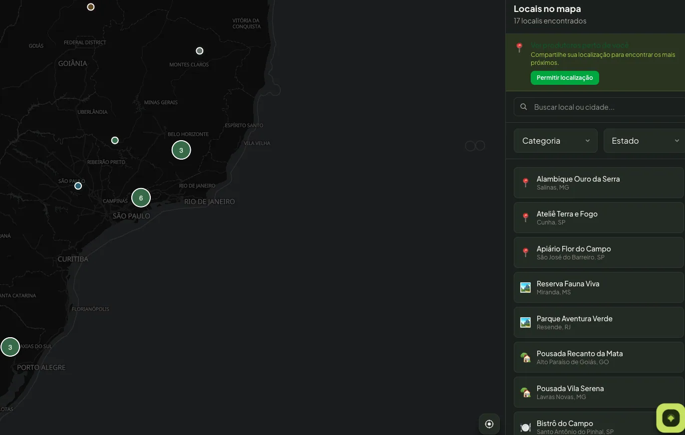 Mapa interativo da Rota Rural com locais disponíveis