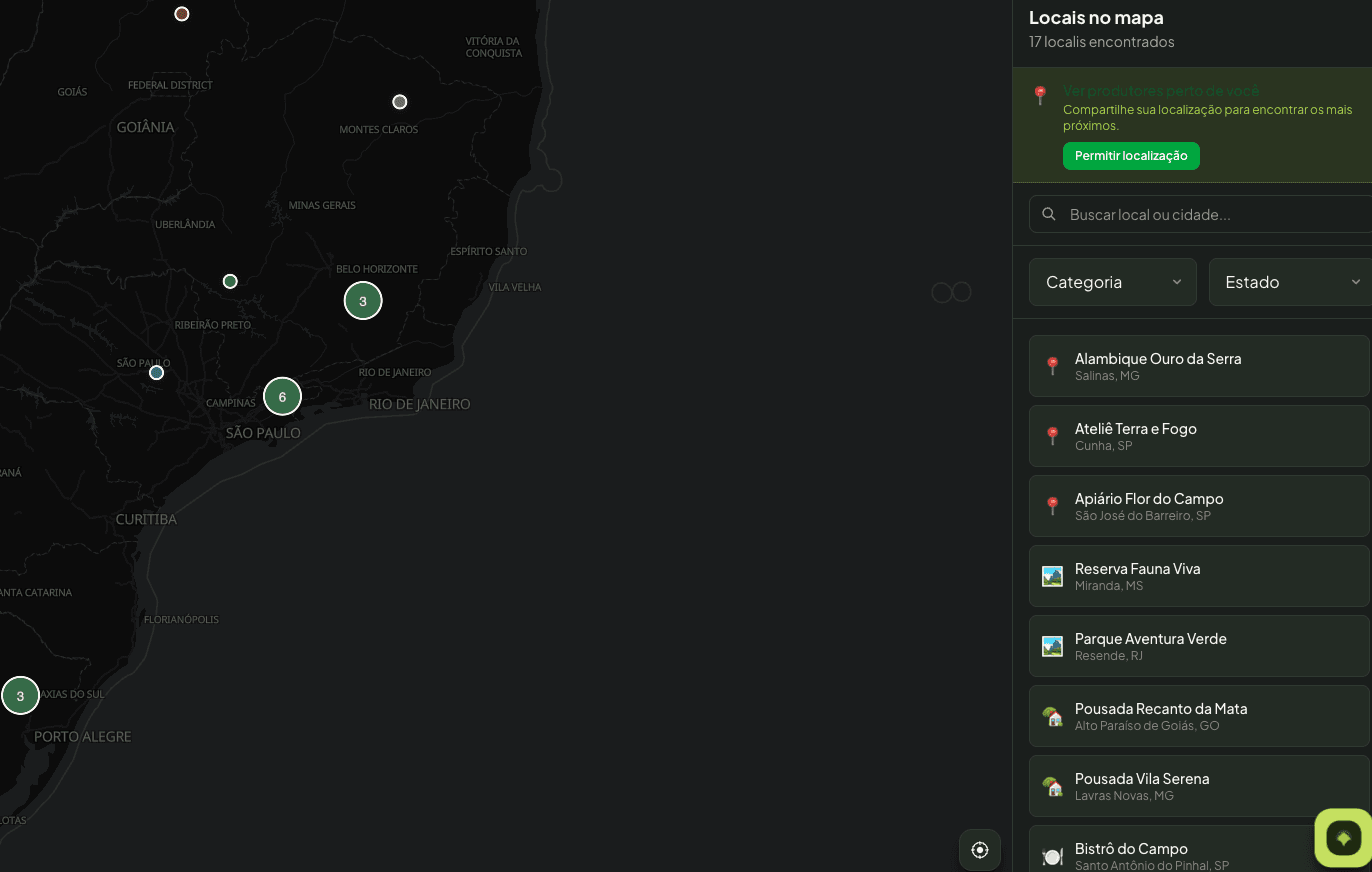 Mapa interativo da Rota Rural com locais disponíveis