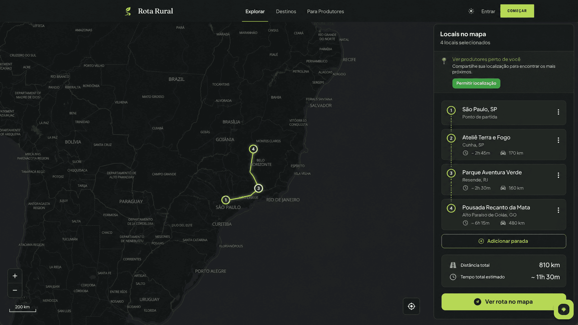 Roteiro personalizado da Rota Rural com paradas no mapa