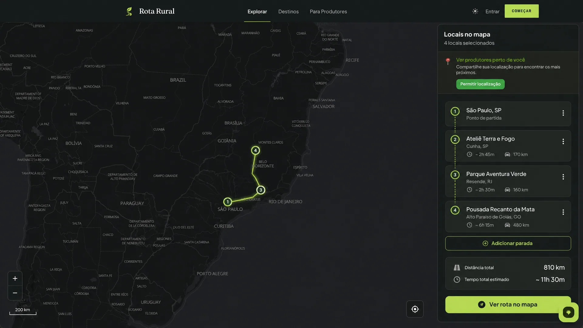 Roteiro personalizado da Rota Rural com paradas no mapa
